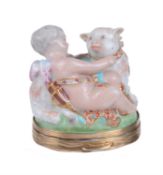 A Charles Gouyn St. James's factory type gilt-metal-mounted bonbonière and hinged moss-agate cover