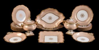 A Worcester (Flight, Barr & Barr) salmon-pink and gilt vermicular ground part dessert service
