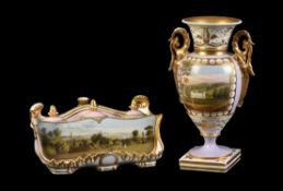 A Chamberlain Worcester salmon-pink ground and gilt inkstand