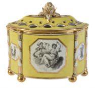 A Chamberlain's Worcester yellow-ground and gilt demi-lune bough pot and pierced cover