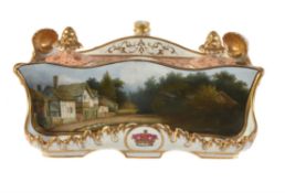 A Chamberlain Worcester salmon-pink ground and gilt inkstand