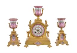 A French Sevres style porcelain and gilt metal mounted clock garniture