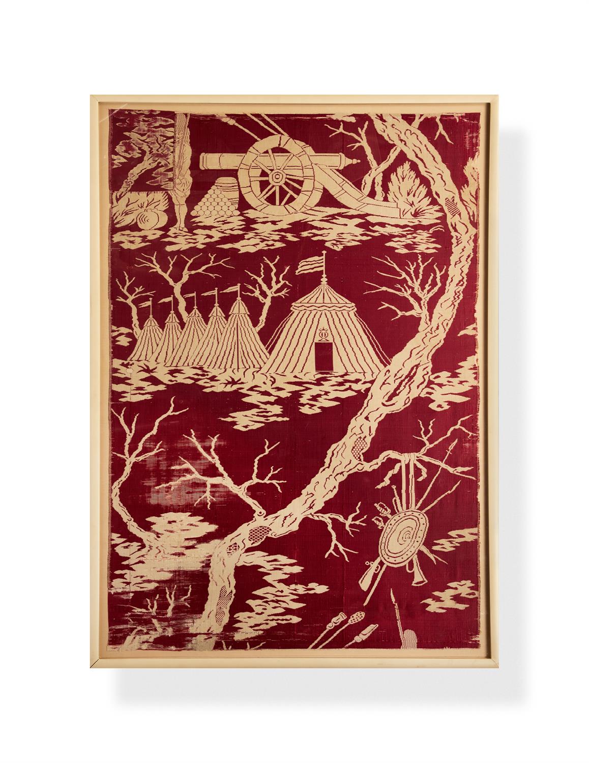 An 18th century red and white silk panel