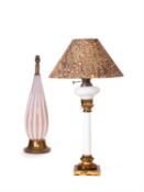 A French opaline and gilt metal mounted columnar oil lamp