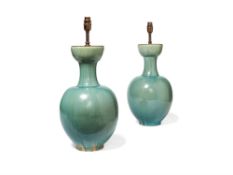 A pair of Chinese turquoise glazed pottery baluster vases fitted as table lamps