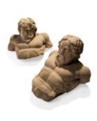 Two Northern European sandstone busts or terms of mythical giants