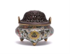 A Chinese cloisonné enamel tripod censer