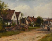 Frederick Waters Watts (British 1800-1862) , Cart outside a country cottage, village scene beyond