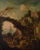 Follower of Claude Joseph Vernet, A rocky coastal inlet with figures at a fountain