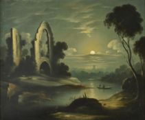 Manner of Sebastian Pether , Moonlit landscape with abbey ruins