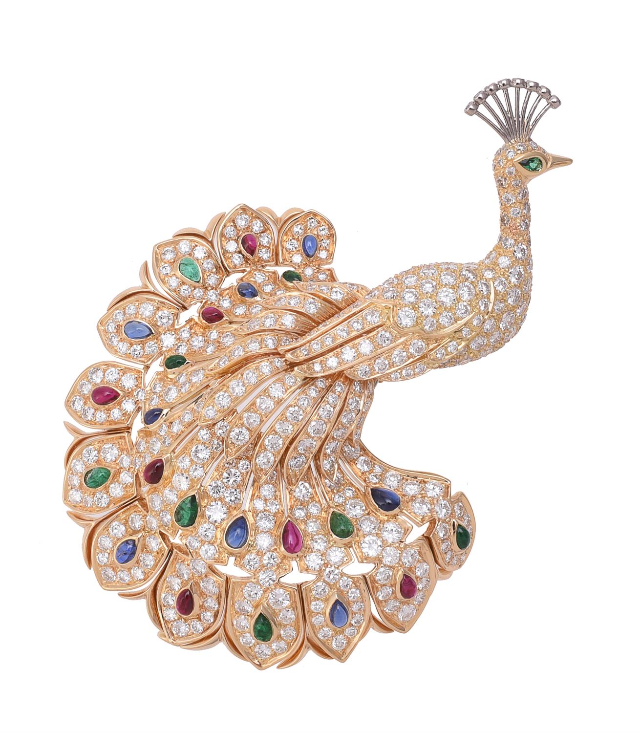 A diamond, sapphire, ruby and emerald peacock brooch by Cartier - Image 2 of 4