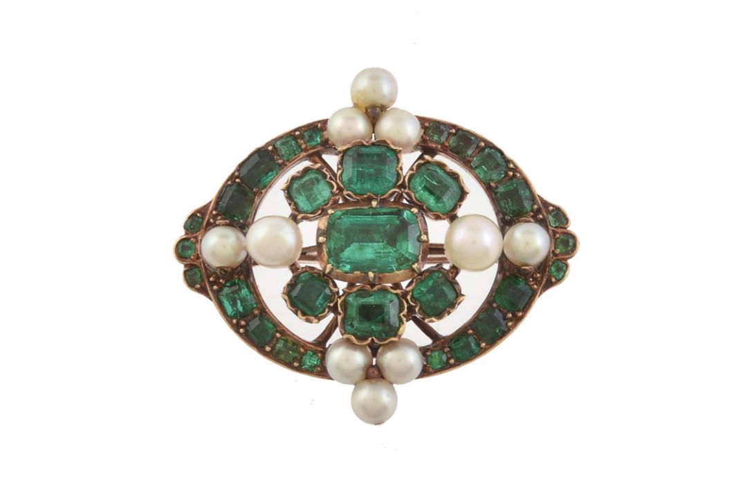 A late 19th century historical revival emerald and pearl brooch - Image 1 of 2
