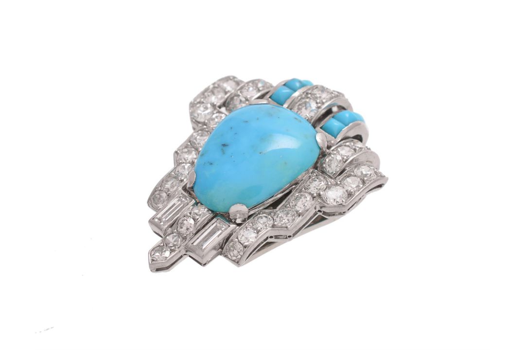 A French Art Deco turquoise and diamond clip brooch - Image 2 of 2