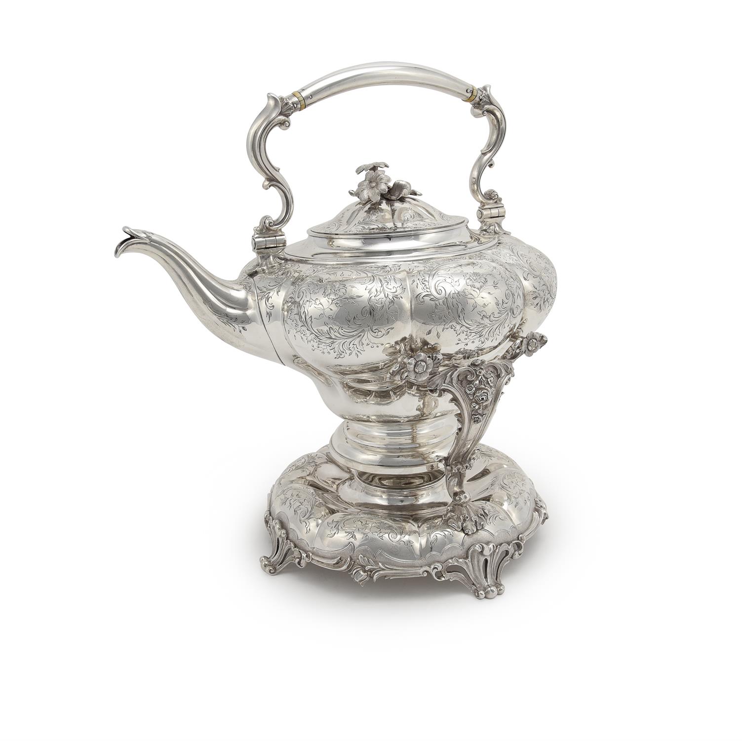 Y An early Victorian large silver kettle on stand by Benjamin Smith III