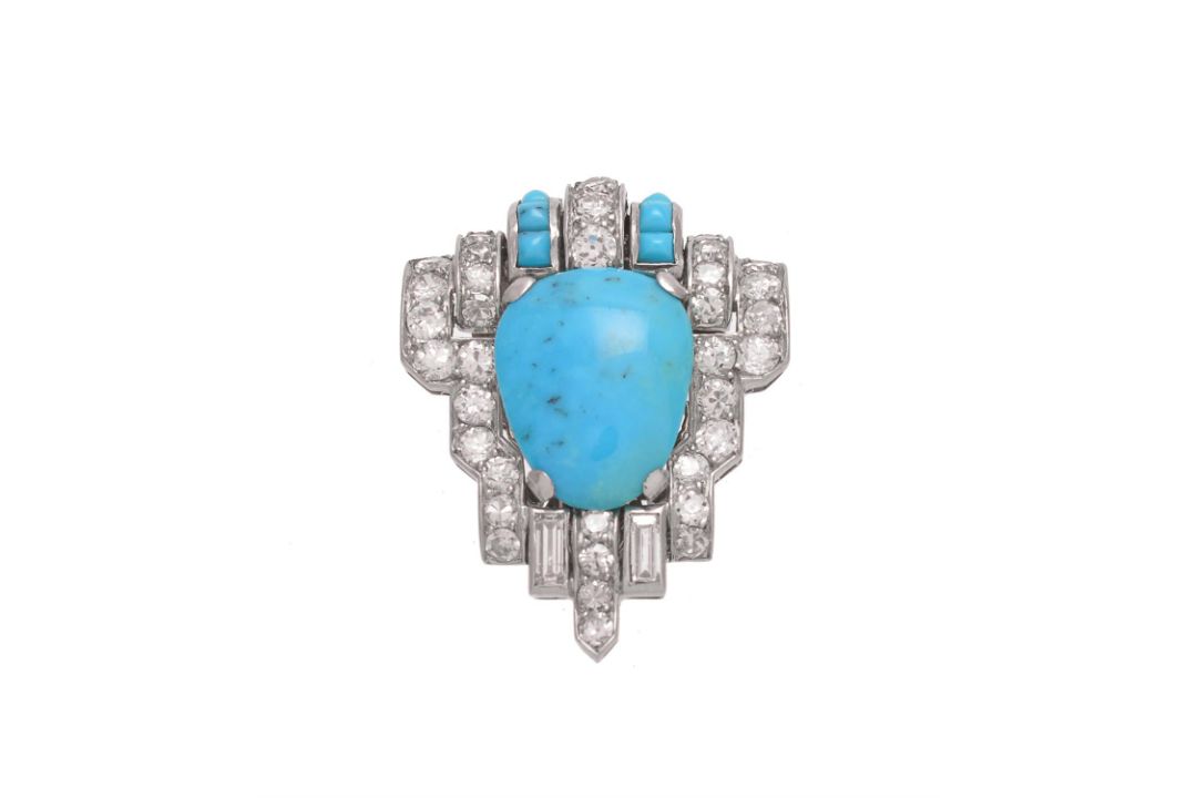 A French Art Deco turquoise and diamond clip brooch - Image 1 of 2