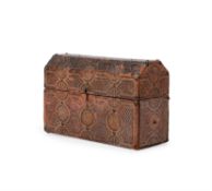 A Continental tooled leather and studded table top casket