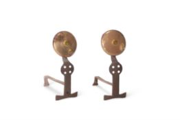 A pair of English brass and wrought iron fire dogs