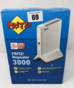 A boxed as new AVM FRITZ! Repeater 3000 wireless network repeater with three radio units (UK/AUS