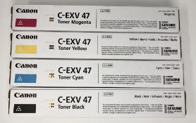 Four boxed as new Canon C-EXV47 Toner Cartridges; Black, Magenta, Yellow and Cyan (Boxes sealed).