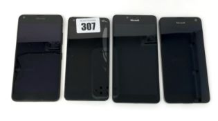 Four pre-owned Microsoft Smartphones; a Lumia 650 RM-1152, a Lumia 950 RM-1104 (Damaged screen