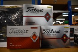 Three boxed as new Titleist 12 pack Pro Vix golf balls (Yellow) and one pack of Titleist 12 pack