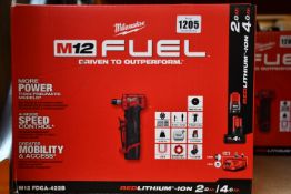 A boxed as new Milwaukee Angled Grinder to include batteries and charger (M12 FDGA-422B).