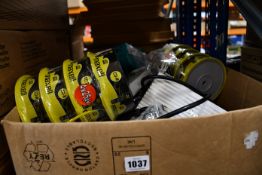 A box of assorted as new and pre-owned cables, small electrical items and accessories.