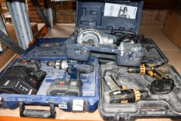 A pre-owned AEG BSB-18-STX drill with batteries and charger, a pre-owned Pro dual random orbit