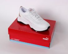 Three pairs of lady's boxed as new Puma Cillia Mode Metallic trainers in white and rose gold (UK