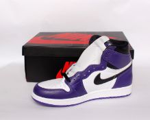 One pair of boxed as new Nike Air Jordan 1 Retro High OG in purple/black/white (UK 7.5).