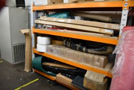 Three shelves of miscellaneous items to include Mercedes tow bar attachment for a Class, wooden