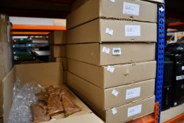 Thirteen boxed as new wood effect pottery religious themed wall hangings.