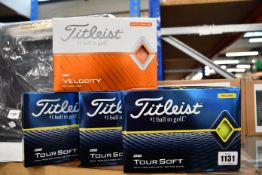 Three boxed as new Titleist 12 pack Tour Soft golf balls (Yellow) and one pack of Titleist 12 pack
