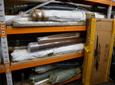 Three shelves of miscellaneous items to include plant wooden dowels, foam inserts and bamboo fence