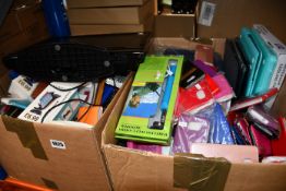 Two boxes of assorted as new mobile phone and laptop cases, small electrical items and a pre-owned