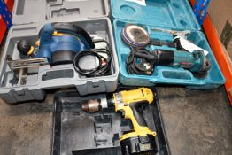 A pre-owned Makita 9524NB angle grinder, a pre-owned Ryobi hand planter and a pre-owned Dewalt DC988