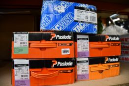 Four boxes of Paslode angled nails with canisters and one box of angled galvanized nails for nail