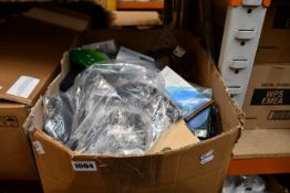 A box of assorted as new and pre-owned cables, small electrical items and accessories.