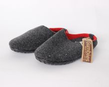 Twelve pairs of boxed as new Gumbies Outback slippers in charcoal and red (UK 4).