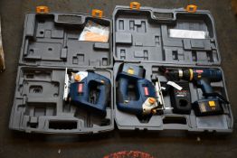Two pre-owned Ryobi jigsaw (CJSP-180QEO) (One body only) and a pre-owned Ryobi drill with battery