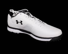 Two pairs of boxed as new Under Armour Fade RST 3 E spiked golf shoes in white (UK 10.5, 11).