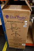 A boxed as new Eliza Tinsley Luna operator chair (Black mesh/fabric with white frame).