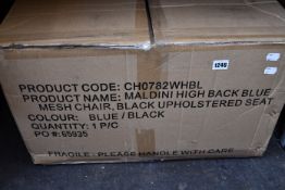 A boxed as new Maldini high mesh back operators chair in black and blue.