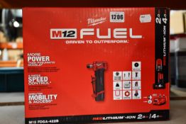 A boxed as new Milwaukee Angled Grinder to include batteries and charger (M12 FDGA-422B).