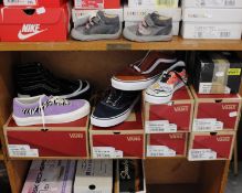 Seven pairs of various boxed as new Vans sneakers: One Sk8-Hi Stacked (UK 6, black/white), one