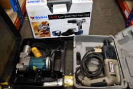 A pre-owned Wickes hammer drill (body only), an as new Wickes cordless hammer drill and a pre-