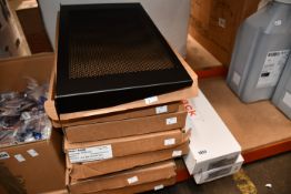 Eight vented black 1U rack shelves, boxed as new.