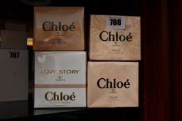 Three Chloe eau de parfum (30ml) and one Chloe Love Story eau de toilette (30ml), all boxed as new.
