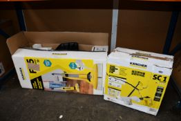 One pre-owned Karcher FC 5 cordless floor cleaner and one Karcher SC 1 Easyfix steam cleaner, both