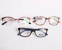 Three pairs of as new Wolf glasses frames with clear glass (RRP £140 each).